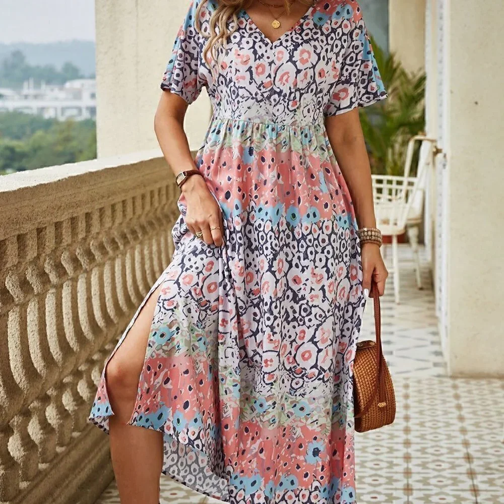 Multicolor Boho Women's Printed Short Sleeve Dress With Split Hem - Picture 1 of 5